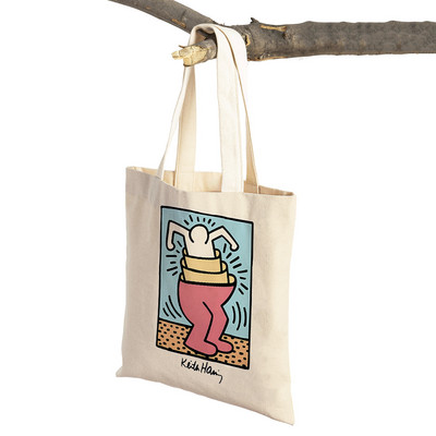 Kīta mākslas izstādes plakāti Abstrakti Smieklīgi Figūra Sieviešu iepirkumu maisiņi Atkārtoti lietojami abpusēji apdruka Ikdienišķa audekla iepirkšanās soma Tote