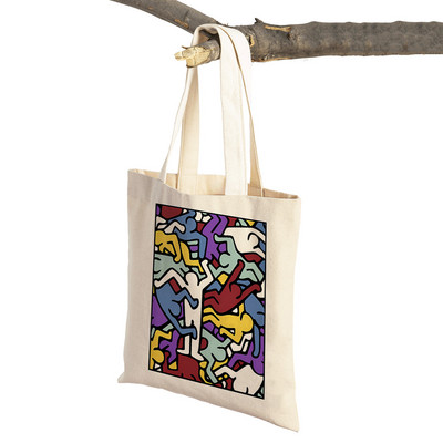 Kīta mākslas izstādes plakāti Abstrakti Smieklīgi Figūra Sieviešu iepirkumu maisiņi Atkārtoti lietojami abpusēji apdruka Ikdienišķa audekla iepirkšanās soma Tote