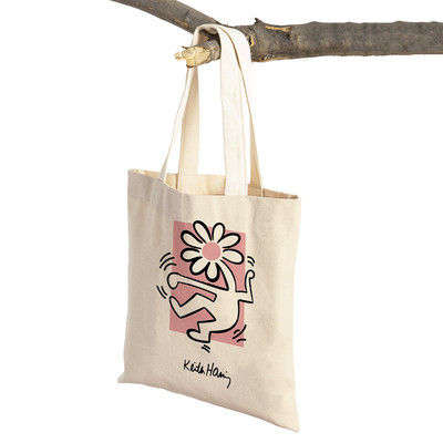 Kīta mākslas izstādes plakāti Abstrakti Smieklīgi Figūra Sieviešu iepirkumu maisiņi Atkārtoti lietojami abpusēji apdruka Ikdienišķa audekla iepirkšanās soma Tote