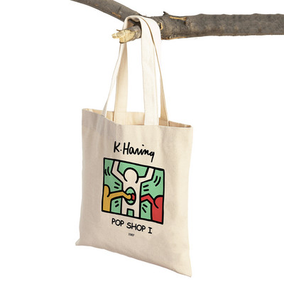 Kīta mākslas izstādes plakāti Abstrakti Smieklīgi Figūra Sieviešu iepirkumu maisiņi Atkārtoti lietojami abpusēji apdruka Ikdienišķa audekla iepirkšanās soma Tote