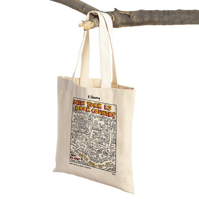 Kīta mākslas izstādes plakāti Abstrakti Smieklīgi Figūra Sieviešu iepirkumu maisiņi Atkārtoti lietojami abpusēji apdruka Ikdienišķa audekla iepirkšanās soma Tote