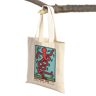 Kīta mākslas izstādes plakāti Abstrakti Smieklīgi Figūra Sieviešu iepirkumu maisiņi Atkārtoti lietojami abpusēji apdruka Ikdienišķa audekla iepirkšanās soma Tote