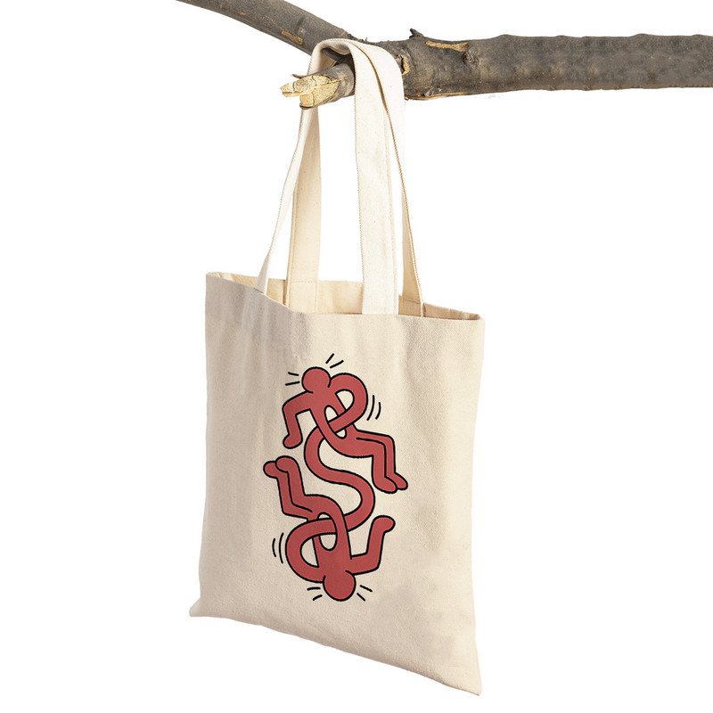 Kīta mākslas izstādes plakāti Abstrakti Smieklīgi Figūra Sieviešu iepirkumu maisiņi Atkārtoti lietojami abpusēji apdruka Ikdienišķa audekla iepirkšanās soma Tote