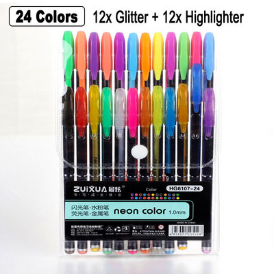 12/24/36/48 Neon színű szett csillogó fémes fluoreszcens kiemelő zselés toll művészethez Vázlat Festészet Rajz Gyerekek Graffiti Ajándék