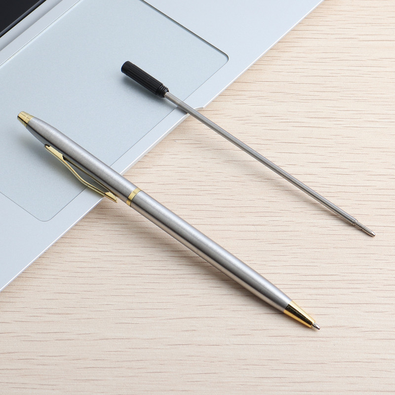 2/11 KOM Kemijska olovka Puni metal srebrne kemijske olovke za školu Ured Štap od nehrđajućeg čelika s rotirajućom tintom Boja crno plava