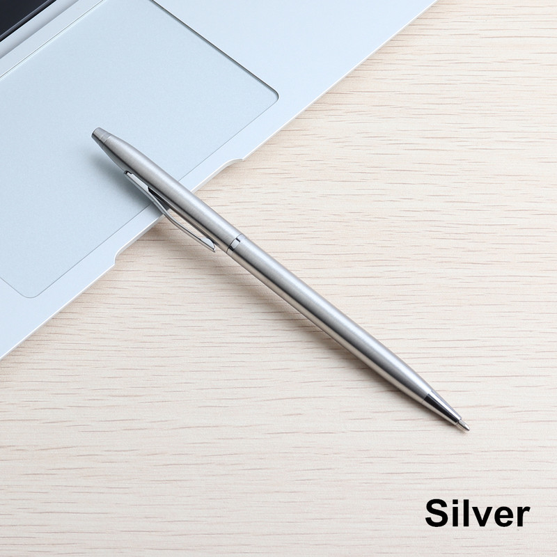 2/11 KOM Kemijska olovka Puni metal srebrne kemijske olovke za školu Ured Štap od nehrđajućeg čelika s rotirajućom tintom Boja crno plava