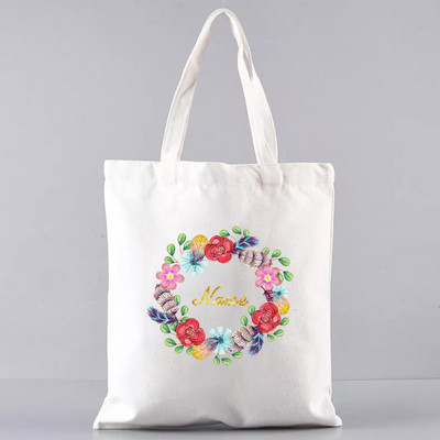 Ženske platnene torbe na rame prilagođeno osobno ime Ležerna ručna torba Torba s cvijećem Torba za plažu velikog kapaciteta za višekratnu upotrebu