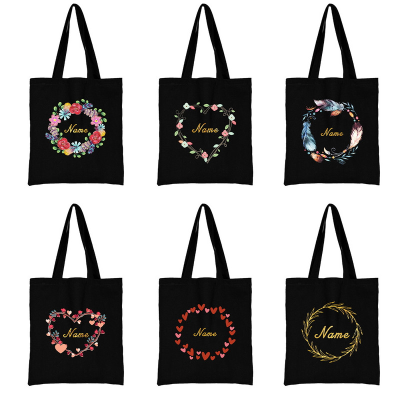 Ženske platnene torbe na rame prilagođeno osobno ime Ležerna ručna torba Torba s cvijećem Torba za plažu velikog kapaciteta za višekratnu upotrebu