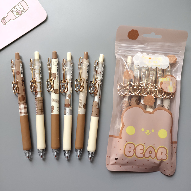 Set de 6 pixuri cu gel pentru budincă de caramel, ursuleț, clemă de desene animate, 0,5 mm, cerneală de culoare neagră, pentru scris, birou, școală A7329