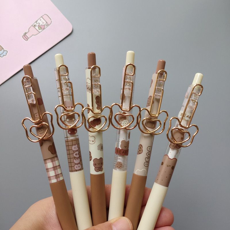 Set de 6 pixuri cu gel pentru budincă de caramel, ursuleț, clemă de desene animate, 0,5 mm, cerneală de culoare neagră, pentru scris, birou, școală A7329