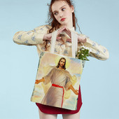 Vintage Jesus Print Dāmas studentu rokassomiņa Karikatūra Kristus Glābējs Atkārtoti lietojama salokāma ikdienas audekla iepirkumu soma