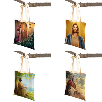 Vintage Jesus Print Lady Student Tote Handbag Cartoon Christ Savior Επαναχρησιμοποιήσιμη Αναδιπλούμενη Casual Canvas Τσάντα αγορών