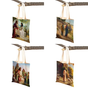 Vintage Jesus Print Lady Student Tote Handbag Cartoon Christ Savior Επαναχρησιμοποιήσιμη Αναδιπλούμενη Casual Canvas Τσάντα αγορών