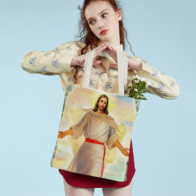 Vintage Jesus Print Lady Diák kézitáska Rajzfilm Krisztus Megváltó Újrafelhasználható Összecsukható alkalmi vászon bevásárlótáska