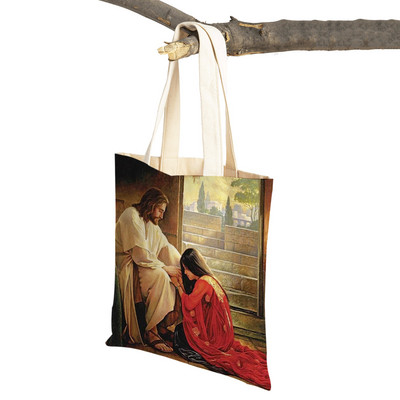 Vintage Jesus Print Dāmas studentu rokassomiņa Karikatūra Kristus Glābējs Atkārtoti lietojama salokāma ikdienas audekla iepirkumu soma