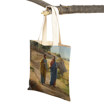 Vintage Jesus Print Dāmas studentu rokassomiņa Karikatūra Kristus Glābējs Atkārtoti lietojama salokāma ikdienas audekla iepirkumu soma