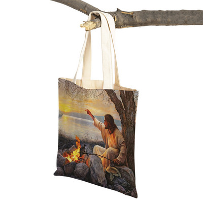 Vintage Jesus Print Dāmas studentu rokassomiņa Karikatūra Kristus Glābējs Atkārtoti lietojama salokāma ikdienas audekla iepirkumu soma