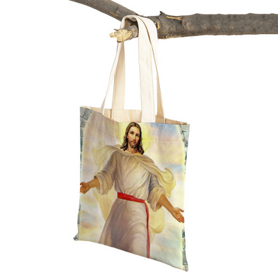 Vintage Jesus Print Dāmas studentu rokassomiņa Karikatūra Kristus Glābējs Atkārtoti lietojama salokāma ikdienas audekla iepirkumu soma