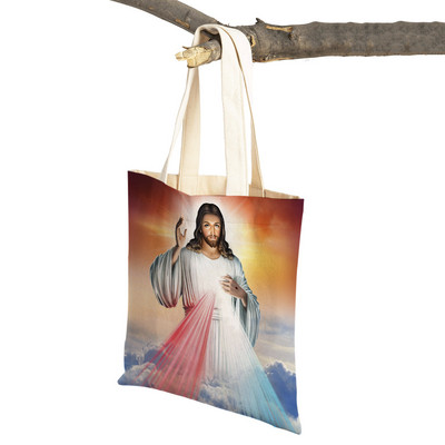 Vintage Jesus Print Dāmas studentu rokassomiņa Karikatūra Kristus Glābējs Atkārtoti lietojama salokāma ikdienas audekla iepirkumu soma