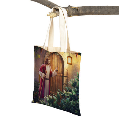 Vintage Jesus Print Dāmas studentu rokassomiņa Karikatūra Kristus Glābējs Atkārtoti lietojama salokāma ikdienas audekla iepirkumu soma