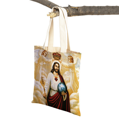 Vintage Jesus Print Dāmas studentu rokassomiņa Karikatūra Kristus Glābējs Atkārtoti lietojama salokāma ikdienas audekla iepirkumu soma