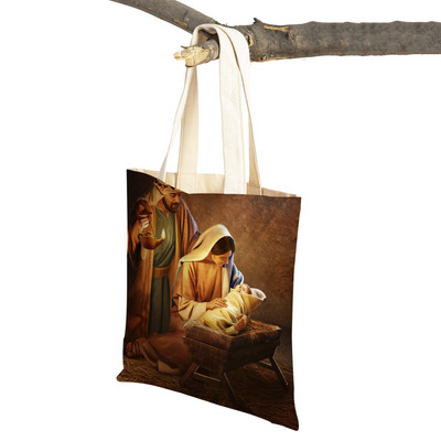 Vintage Jesus Print Dāmas studentu rokassomiņa Karikatūra Kristus Glābējs Atkārtoti lietojama salokāma ikdienas audekla iepirkumu soma