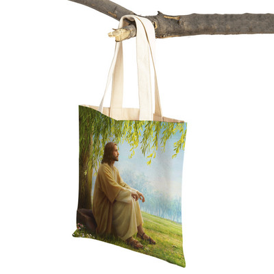 Vintage Jesus Print Dāmas studentu rokassomiņa Karikatūra Kristus Glābējs Atkārtoti lietojama salokāma ikdienas audekla iepirkumu soma