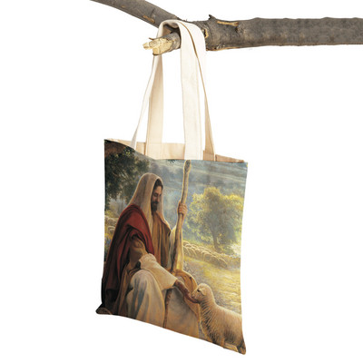 Vintage Jesus Print Dāmas studentu rokassomiņa Karikatūra Kristus Glābējs Atkārtoti lietojama salokāma ikdienas audekla iepirkumu soma