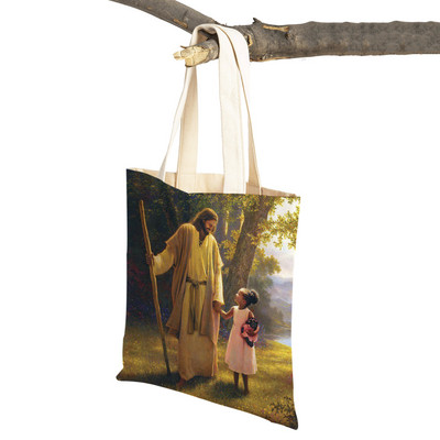 Vintage Jesus Print Dāmas studentu rokassomiņa Karikatūra Kristus Glābējs Atkārtoti lietojama salokāma ikdienas audekla iepirkumu soma