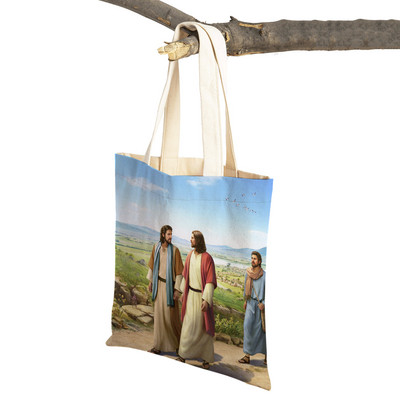 Vintage Jesus Print Dāmas studentu rokassomiņa Karikatūra Kristus Glābējs Atkārtoti lietojama salokāma ikdienas audekla iepirkumu soma