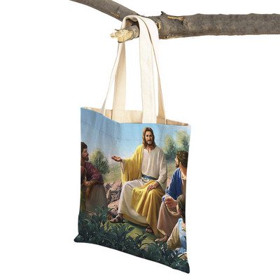 Vintage Jesus Print Dāmas studentu rokassomiņa Karikatūra Kristus Glābējs Atkārtoti lietojama salokāma ikdienas audekla iepirkumu soma