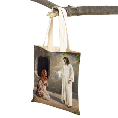 Vintage Jesus Print Dāmas studentu rokassomiņa Karikatūra Kristus Glābējs Atkārtoti lietojama salokāma ikdienas audekla iepirkumu soma