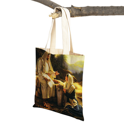 Vintage Jesus Print Dāmas studentu rokassomiņa Karikatūra Kristus Glābējs Atkārtoti lietojama salokāma ikdienas audekla iepirkumu soma