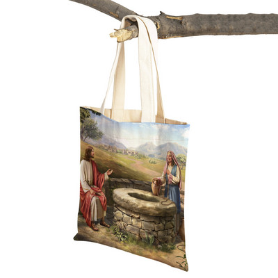 Vintage Jesus Print Dāmas studentu rokassomiņa Karikatūra Kristus Glābējs Atkārtoti lietojama salokāma ikdienas audekla iepirkumu soma