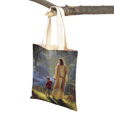 Vintage Jesus Print Dāmas studentu rokassomiņa Karikatūra Kristus Glābējs Atkārtoti lietojama salokāma ikdienas audekla iepirkumu soma