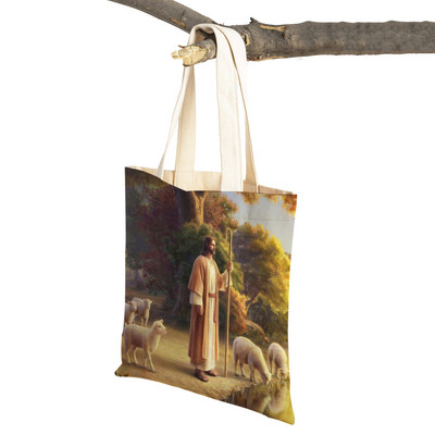 Vintage Jesus Print Dāmas studentu rokassomiņa Karikatūra Kristus Glābējs Atkārtoti lietojama salokāma ikdienas audekla iepirkumu soma