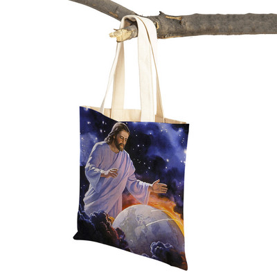 Vintage Jesus Print Dāmas studentu rokassomiņa Karikatūra Kristus Glābējs Atkārtoti lietojama salokāma ikdienas audekla iepirkumu soma
