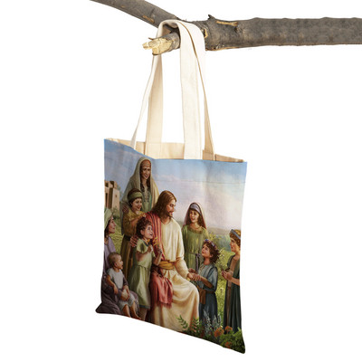 Vintage Jesus Print Dāmas studentu rokassomiņa Karikatūra Kristus Glābējs Atkārtoti lietojama salokāma ikdienas audekla iepirkumu soma