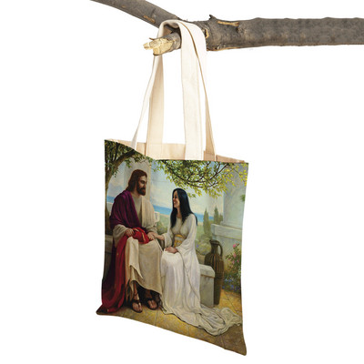 Vintage Jesus Print Dāmas studentu rokassomiņa Karikatūra Kristus Glābējs Atkārtoti lietojama salokāma ikdienas audekla iepirkumu soma