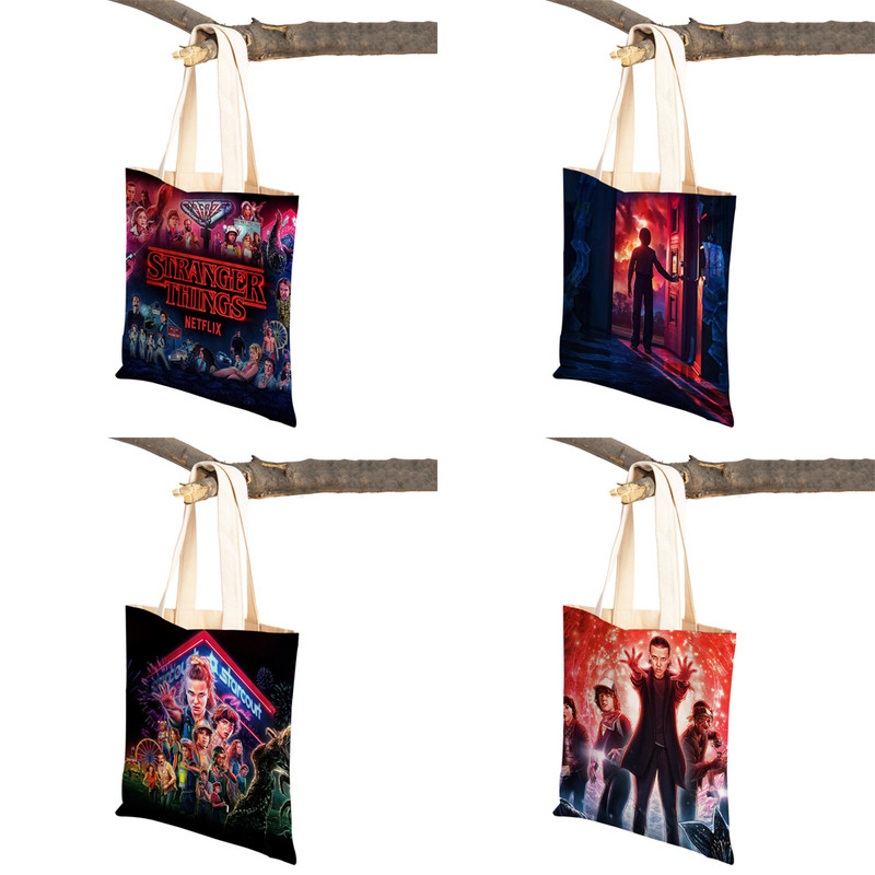 Stranger Things Lady Tote rokassomiņa Karikatūra Anime Druka Atkārtoti lietojama salokāma gadījuma bērniem Dāvanu kanvas Colth iepirkšanās plecu soma