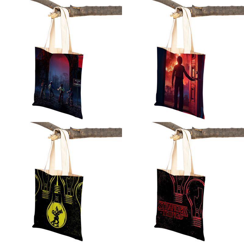 Stranger Things Lady Tote rokassomiņa Karikatūra Anime Druka Atkārtoti lietojama salokāma gadījuma bērniem Dāvanu kanvas Colth iepirkšanās plecu soma
