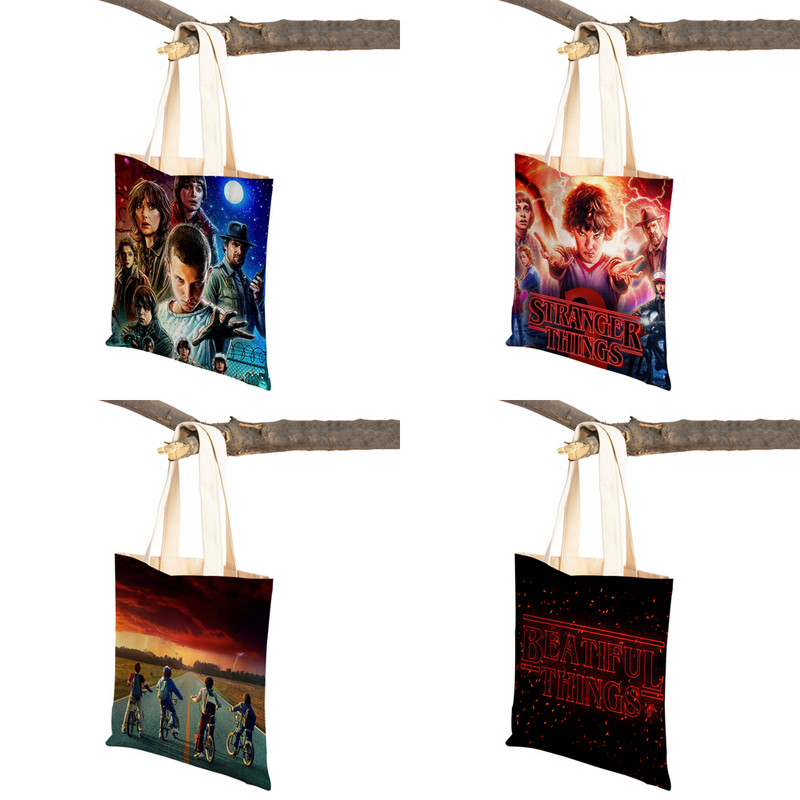 Stranger Things Lady Tote rokassomiņa Karikatūra Anime Druka Atkārtoti lietojama salokāma gadījuma bērniem Dāvanu kanvas Colth iepirkšanās plecu soma