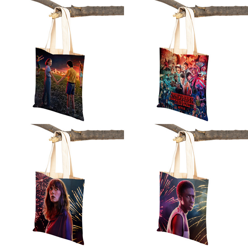 Stranger Things Lady Tote rokassomiņa Karikatūra Anime Druka Atkārtoti lietojama salokāma gadījuma bērniem Dāvanu kanvas Colth iepirkšanās plecu soma