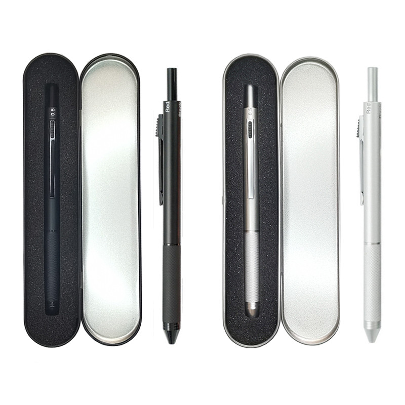 4 vienā Daudzkrāsu lodīšu pildspalvu komplekts Metāla daudzfunkcionāls pildspalvas un pildspalvas futrālis 0,7 mm melns, zils, sarkans, uzpilde 0,5 mm automātisks zīmuļa vads