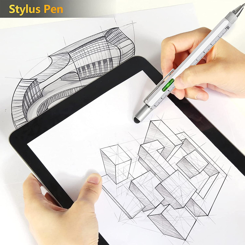 7 vienā daudzfunkcionāla lodīšu pildspalva ar modernu rokas instrumentu. Mēra tehniskais lineāls Skrūvgriezis Skārienekrāna irbulis līmeņrādis