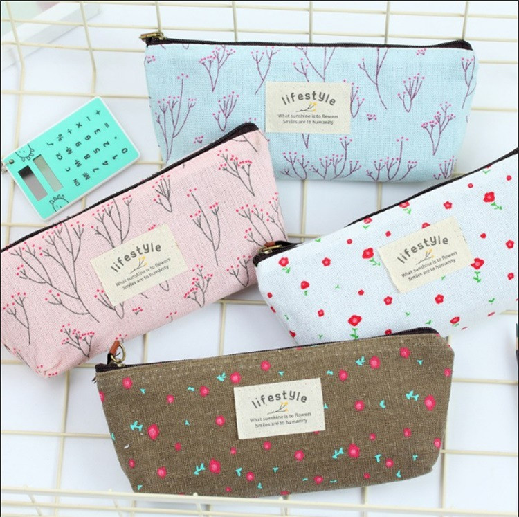 2 bucăți drăguț Kawaii cu flori florale din pânză cu fermoar ustensile de creion din țesătură minunată, cu flori, genți pentru stilouri, rechizite școlare