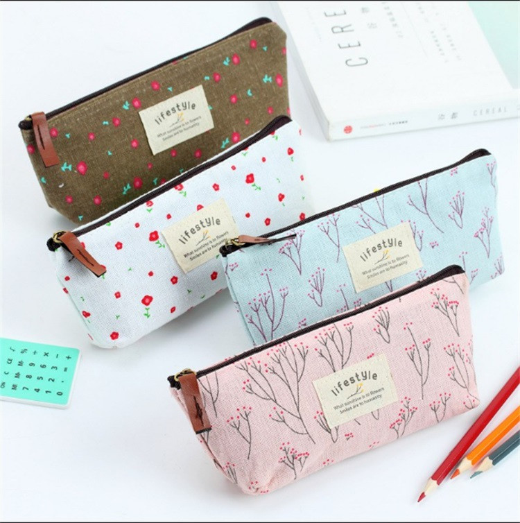 2 bucăți drăguț Kawaii cu flori florale din pânză cu fermoar ustensile de creion din țesătură minunată, cu flori, genți pentru stilouri, rechizite școlare