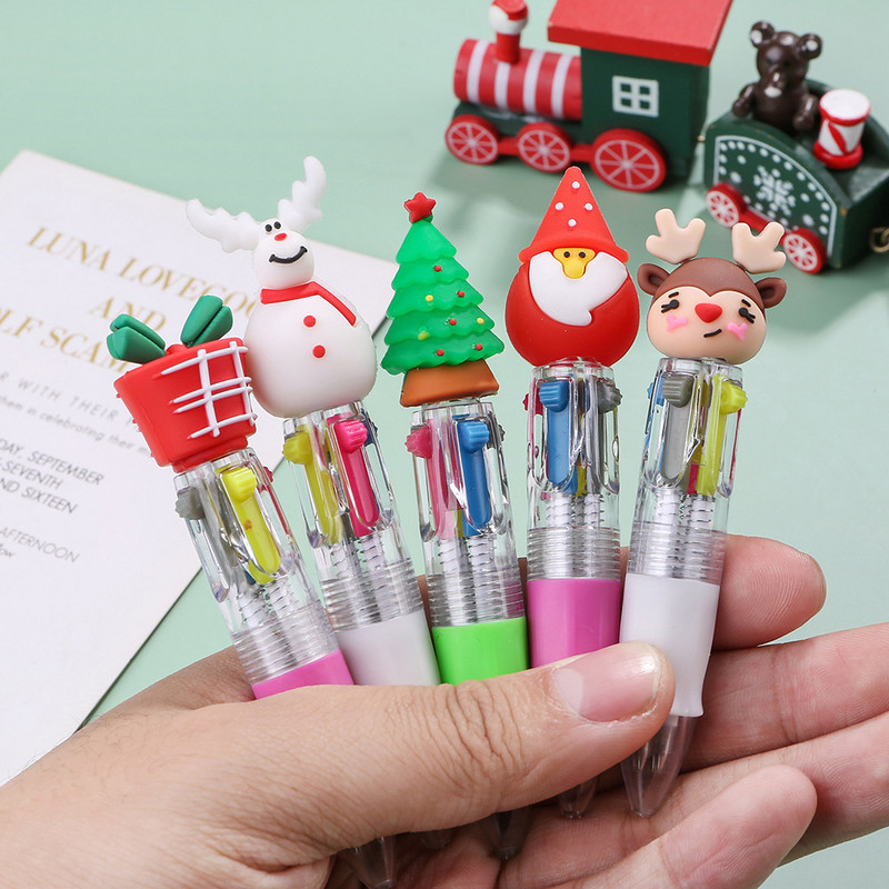 1 gab Kawaii Christmas Mini 4 krāsu lodīšu pildspalva jauka aļņa Ziemassvētku vecīša dāvana, izvelkama pildspalva, rakstāmpiederumi skolas piederumi