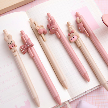 6PCs Сладко розово момиче Ins Gel Press Water Pen и карикатура Sweet Rabbit Exam Signature0.5mm Черни ученически пособия Канцеларски материали Kawaii