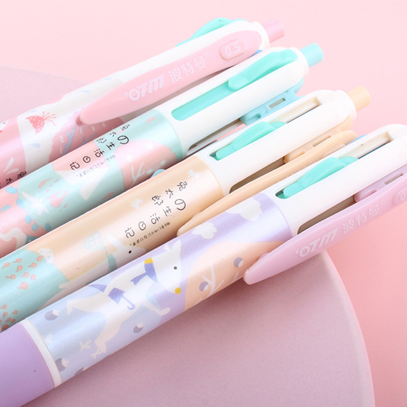 4gab Daudzkrāsainas lodīšu pildspalvas 4 vienā izvelkami daudzfunkcionāli rakstīšanas rīki 0,5 mm tintes skolas biroja piederumi korejiešu rakstāmpiederumi